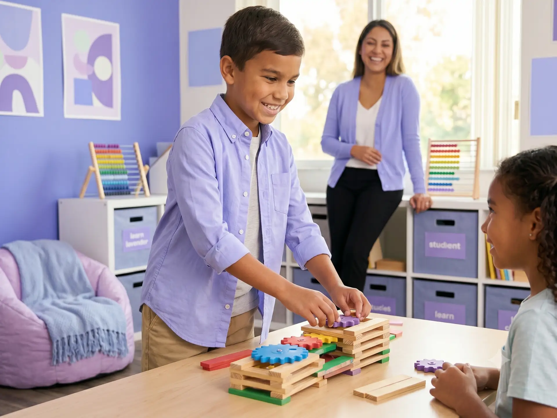 CCDB Applied Behavior Analysis (ABA) Therapy - boy building a tower with his ABA therapist and a peer