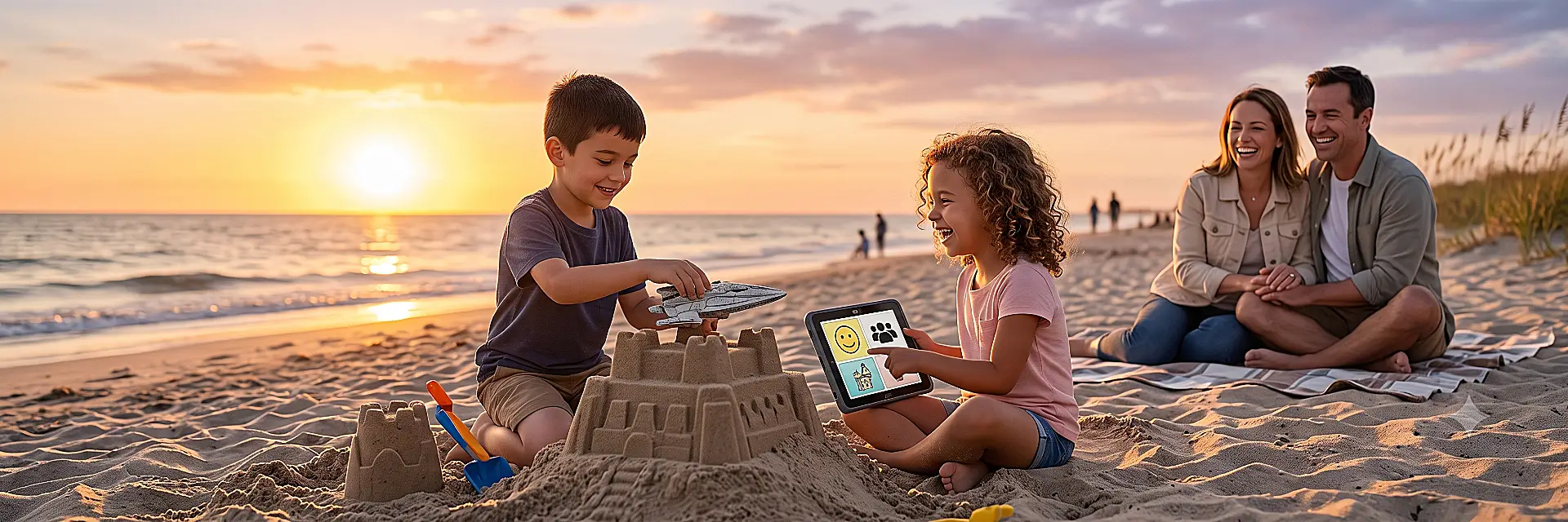 Children with autism using an AAC communication tablet and playing on a Florida beach at sunset while their parents look on joyfully, representing the life-quality gains from ABA therapy at Children's Center
