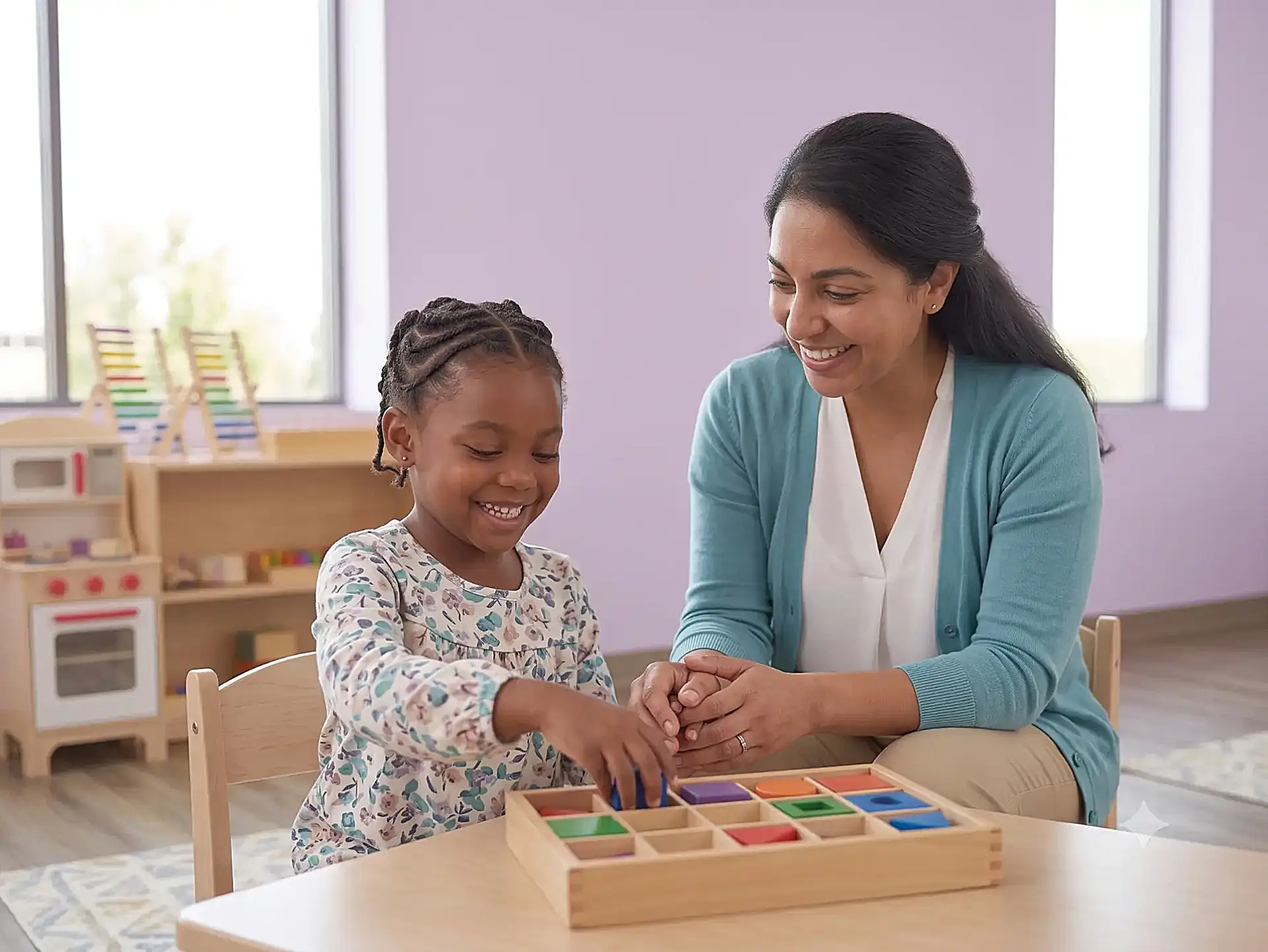 Child with autism spectrum disorder joyfully engaged in a color-sorting activity with her ABA therapist at Children's Center, reflecting measurable progress through evidence-based ASD therapy in Broward County