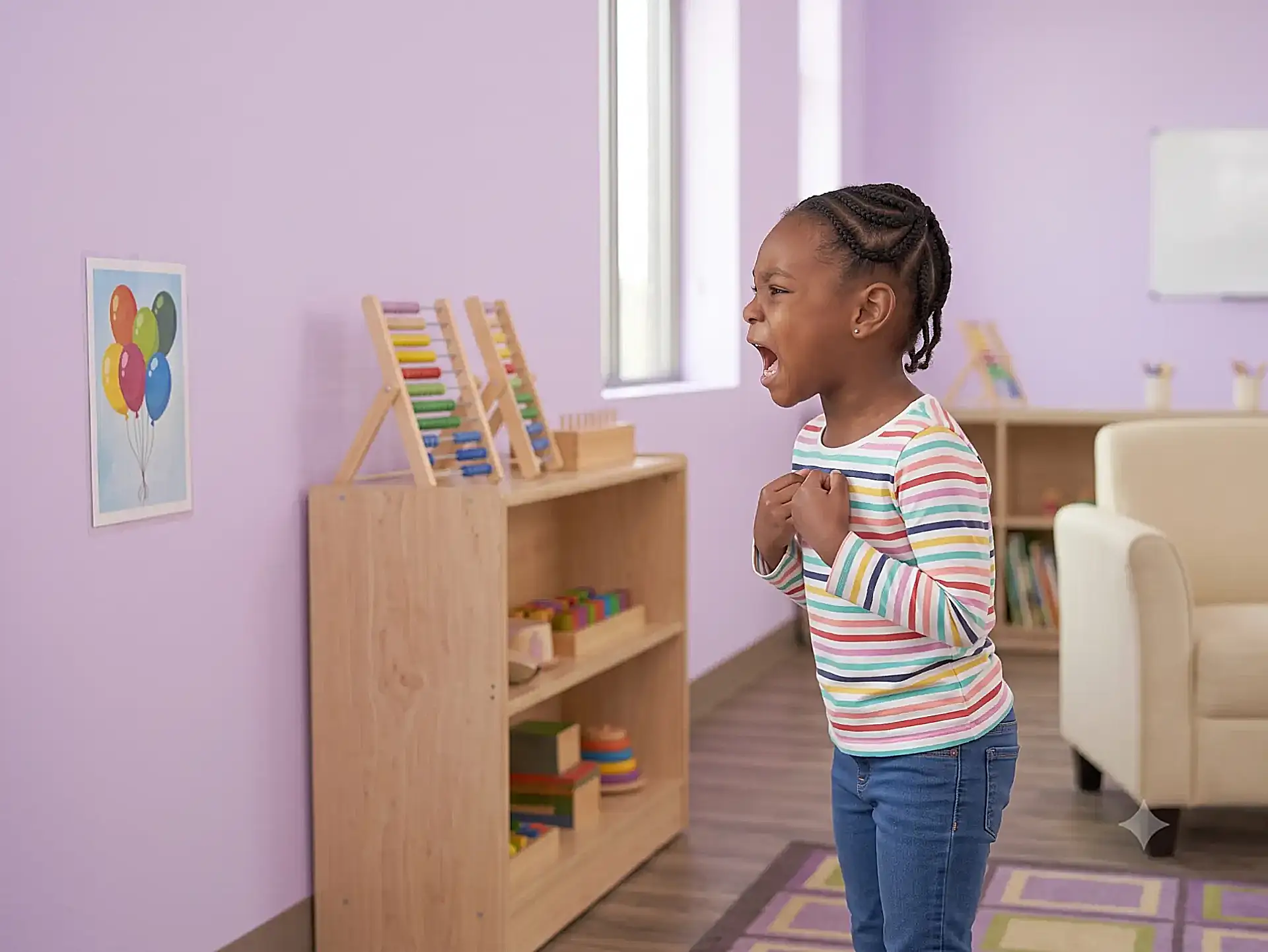 Young child experiencing a behavioral meltdown in an ABA therapy room, representing the communication and emotional challenges of developmental delays