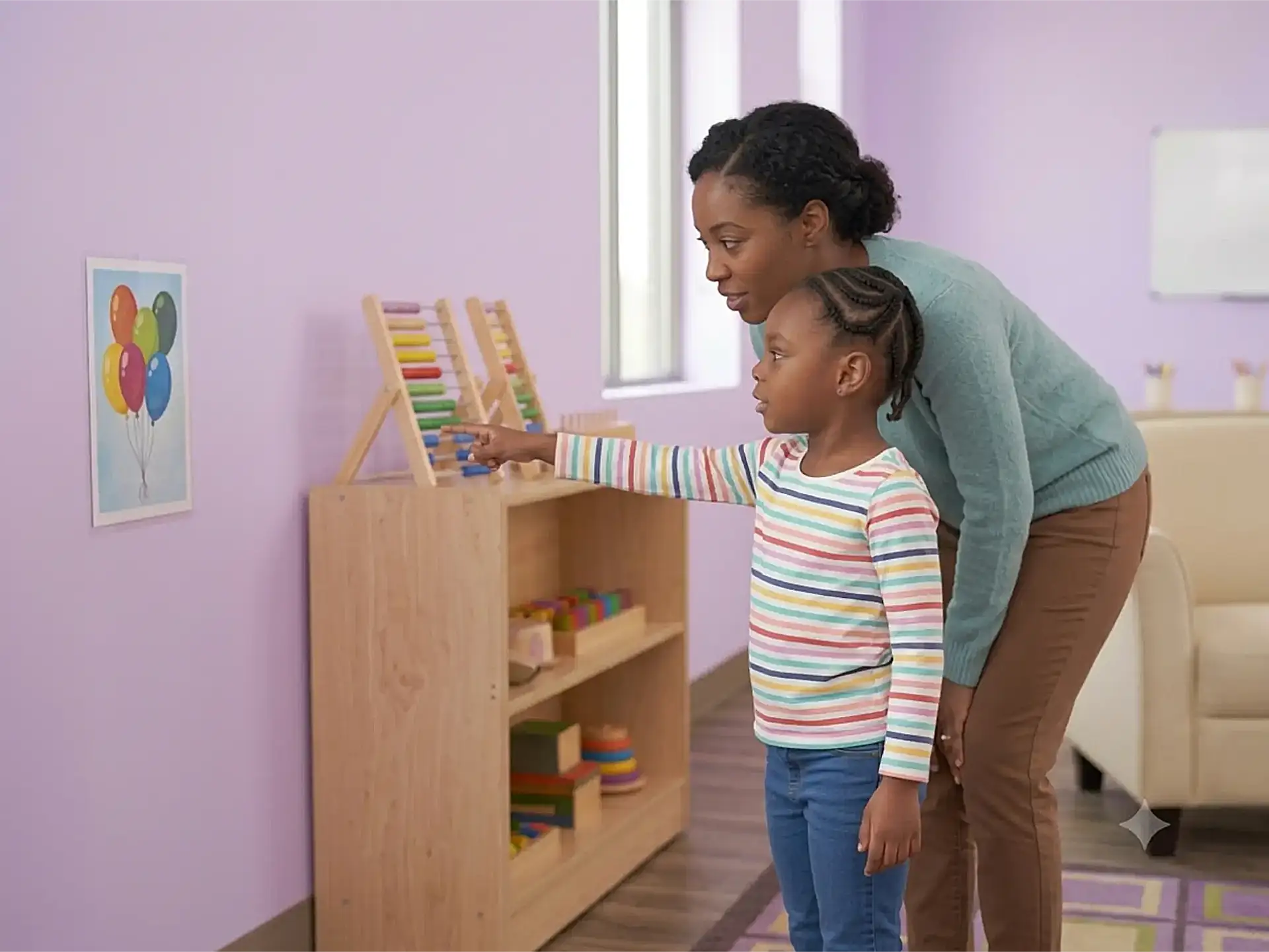 ABA therapist guiding a child with developmental delays through hands-on learning with an abacus, supporting cognitive and language development at Children's Center