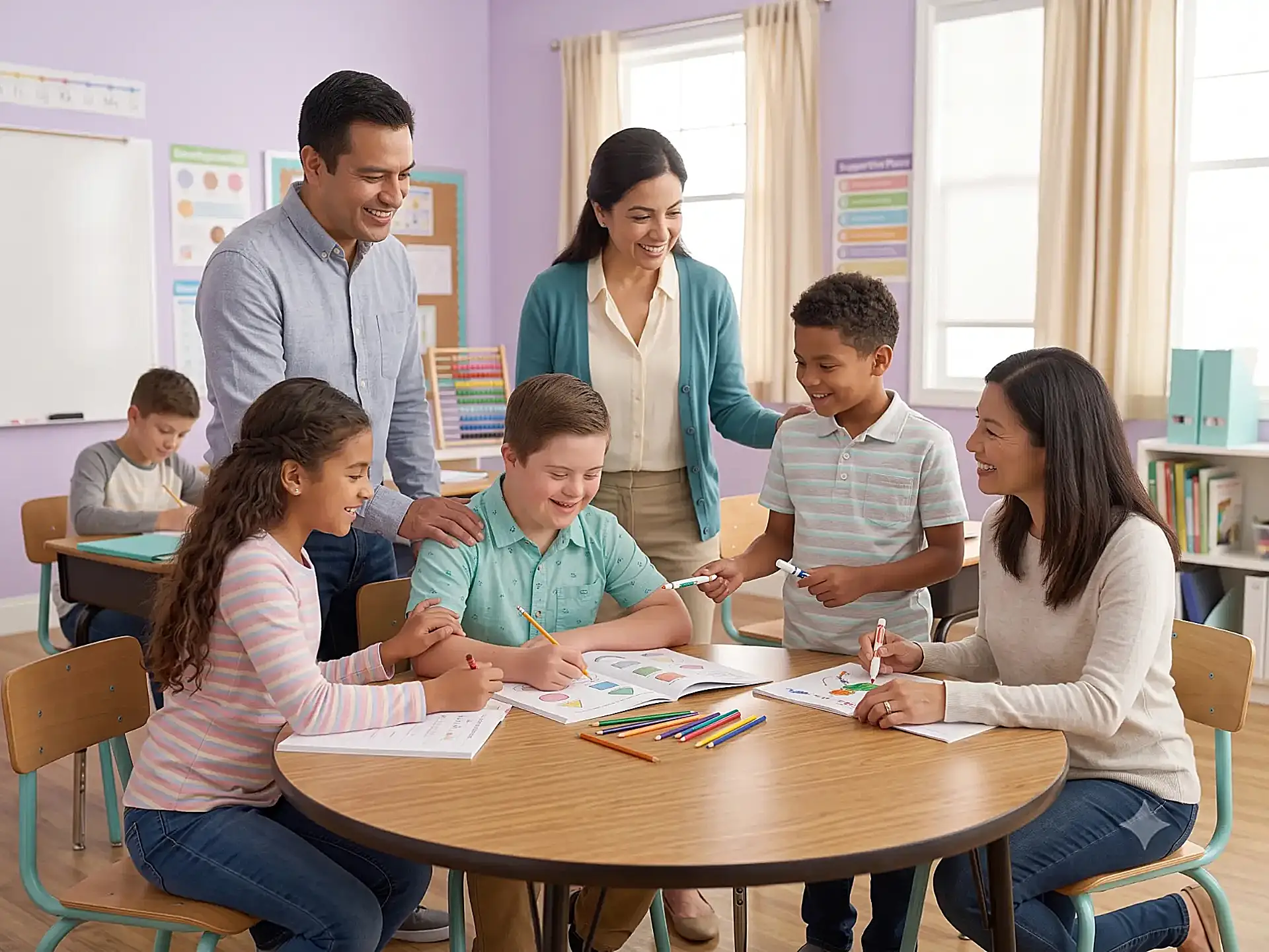 Child with Down syndrome thriving in an inclusive ABA classroom, engaged in learning activities with peers and supportive therapists at Children's Center