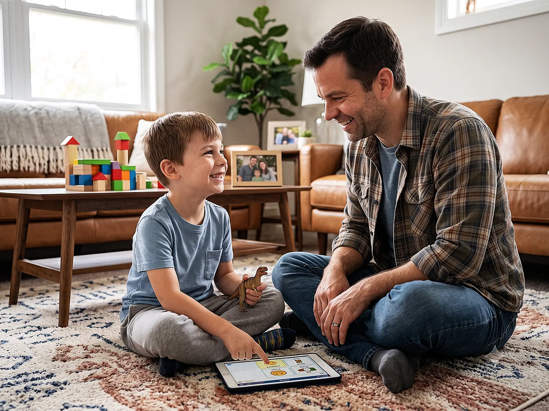Child with Fragile X syndrome smiling joyfully at his father while using an AAC communication tablet at home, reflecting the communication and social connection gains achieved through ABA therapy at Children's Center