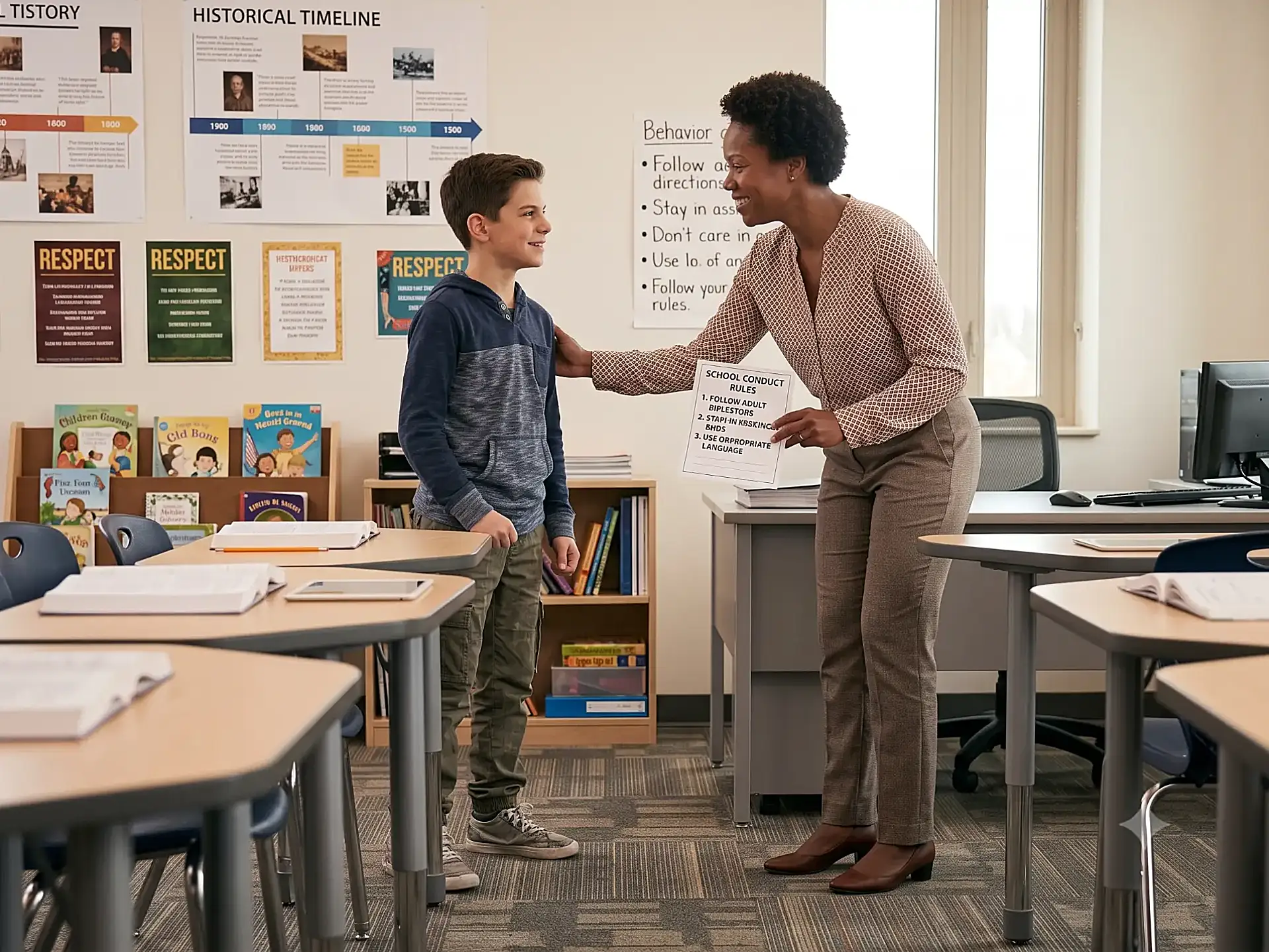 Child with Oppositional Defiant Disorder smiling and making a positive connection with a teacher after a behavior intervention, showing ABA therapy progress